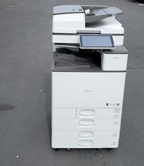 Ricoh MP C4504 front view showing four paper trays in 8.5x11, 8.5x14 and 11x17 – Copier Liquidation Center